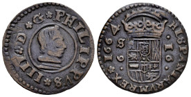 Philip IV (1621-1665). 16 maravedis. 1664. Sevilla. (Cal-500). (Jarabo-Sanahuja-M623). Ag. 3,58 g. Digit 6 in place of assayer. Rare. Choice VF. Est.....