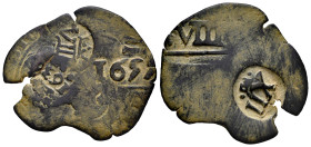 Philip IV (1621-1665). 8 maravedis. (Cal-521). Ae. 4,63 g. Countermarks of 1636 and 1655 of 8 and 12 maravedis with Madrid mintmark and without mintma...