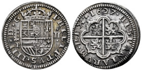 Philip IV (1621-1665). 2 reales. 1627. Segovia. P. (Cal-956). (Jarabo-Sanahuja-C-417, plate coin). Ag. 6,71 g. Delicate patina. Scarce in this grade. ...