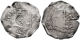 Philip IV (1621-1665). 8 reales. ¿1651?. Potosí. E-E. (Cal-1490 var). Ag. 27,27 g. Obverse countermark: Crown, in a dotted circle, to authorise its ci...