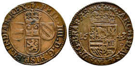 Philip IV (1621-1665). 1 liard. 1643. Antwerpen. (Vti-429). (Vanhoudt-653.AN). Ae. 3,70 g. A good sample. Scarce in this grade. Choice VF. Est...100,0...