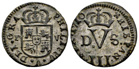 Philip V (1700-1746). Treseta. 1710. Valencia. (Cal-9). Ae. 2,99 g. It retains some original silvering. Very rare in this grade. AU. Est...120,00. 
...