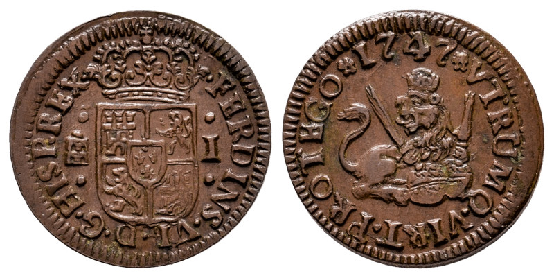 Philip V (1700-1746). 1 maravedi. 1747. Segovia. (Cal-19). Ae. 1,41 g. Choice VF...