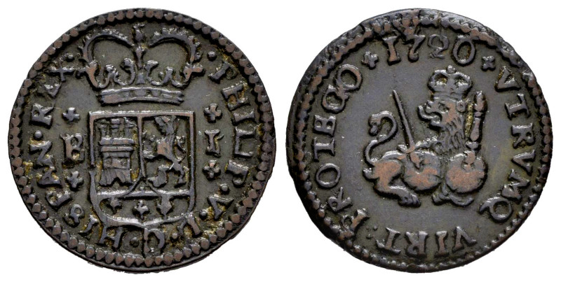 Philip V (1700-1746). 1 maravedi. 1720. Barcelona. (Cal-45). Ae. 2,39 g. VF. Est...