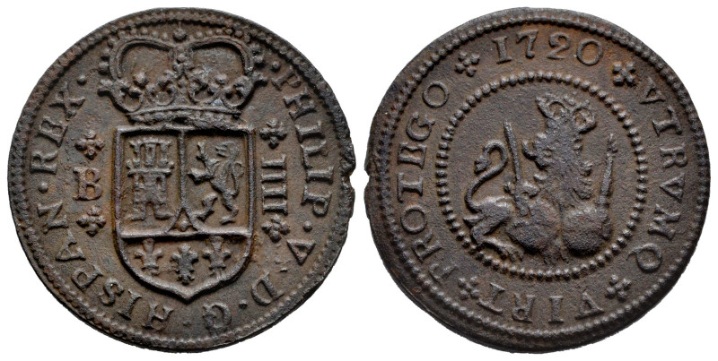 Philip V (1700-1746). 4 maravedis. 1720. Barcelona. (Cal-84). Ae. 8,48 g. Choice...