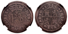 Philip V (1700-1746). 4 maravedis. 1710. Sevilla. (Cal-97). (Jarabo-Sanahuja-O-04). Ae. Slabbed. Rare. Almost VF/VF. Est...200,00. 

Spanish descrip...
