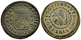 Philip V (1700-1746). 4 maravedis. 1743. Segovia. (Cal-95). Ae. 6,11 g. Choice VF/VF. Est...40,00. 

Spanish description: Felipe V (1700-1746). 4 ma...