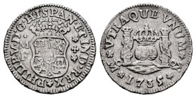 Philip V (1700-1746). 1/2 real. 1735/4. Mexico. MF. (Cal-253). Ag. 1,51 g. Overdate. Scarce. Choice VF. Est...150,00. 

Spanish description: Felipe ...