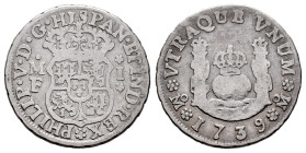 Philip V (1700-1746). 1 real. 1739. Mexico. MF. (Cal-514). Ag. 3,13 g. F/Choice F. Est...50,00. 

Spanish description: Felipe V (1700-1746). 1 real....