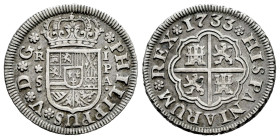 Philip V (1700-1746). 1 real. 1733. Sevilla. PA. (Cal-657). Ag. 2,93 g. Choice VF/VF. Est...60,00. 

Spanish description: Felipe V (1700-1746). 1 re...
