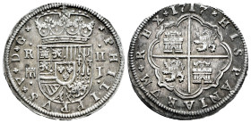 Philip V (1700-1746). 2 reales. 1717. Segovia. J. (Cal-944). Ag. 5,60 g. Aqueduct with one row of two arches. XF. Est...160,00. 

Spanish descriptio...