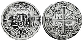 Philip V (1700-1746). 2 reales. 1717. Segovia. J. (Cal-944). Ag. 5,22 g. Aqueduct with one row of two arches. VF. Est...75,00. 

Spanish description...
