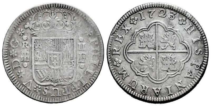 Philip V (1700-1746). 2 reales. 1723. Segovia. F. (Cal-958). Ag. 5,50 g. Choice ...