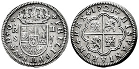 Philip V (1700-1746). 2 reales. 1721. Sevilla. J. (Cal-979). Ag. 5,91 g. Beautiful. Ex Tauler&Fau 4 (24/10/2017), lote 279. Choice VF. Est...100,00. ...