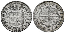 Philip V (1700-1746). 2 reales. 1737. Sevilla. P. (Cal-997). Ag. 5,92 g. Choice VF/VF. Est...60,00. 

Spanish description: Felipe V (1700-1746). 2 r...