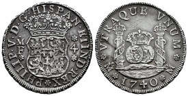 Philip V (1700-1746). 4 reales. 1740. Mexico. MF. (Cal-1123). Ag. 13,32 g. Minor striking error on edge and Scratches on obverse. Attractive. Scarce. ...