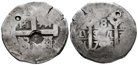 Philip V (1700-1746). 8 reales. 1728. Lima. N. (Cal-1301 var). Ag. 26,63 g. Guatemala countermark. Holed. Rare. Almost VF. Est...300,00. 

Spanish d...