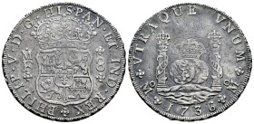 Philip V (1700-1746). 8 reales. 1736. Mexico. MF. (Cal-1445). Ag. 26,56 g. Faint scratches. Toned. VF. Est...400,00. 

Spanish description: Felipe V...