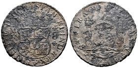 Philip V (1700-1746). 8 reales. 1738. Mexico. MF. (Cal-1449). Ag. 23,42 g. Corrosion from salt water immersion. From the "Hollandia", with its officia...