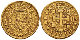 Philip V (1700-1746). 8 escudos. 1701. Sevilla. M. (Cal-2266). (Cal onza-462). Au. 26,78 g. "Cross" type. Shield of Habsburg. Mint mark, value and ass...