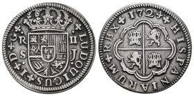 Luis I (1724). 2 reales. 1724. Sevilla. J. (Cal-29). Ag. 5,43 g. Legend LUDOUICUS. Scarce. Choice VF/VF. Est...200,00. 

Spanish description: Luis I...
