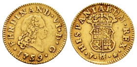 Ferdinand VI (1746-1759). 1/2 escudo. 1759. Madrid. J. (Cal-566). Au. 1,75 g. VF. Est...150,00. 

Spanish description: Fernando VI (1746-1759). 1/2 ...