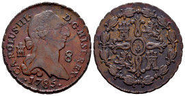 Charles III (1759-1788). 8 maravedis. 1785. Segovia. (Cal-81). Ae. 12,18 g. 7 and 5 small. Almost XF. Est...150,00. 

Spanish description: Carlos II...