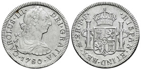 Charles III (1759-1788). 2 reales. 1780. Mexico. FF. (Cal-669). Ag. 6,69 g. Hairlines on obverse. With some original luster remaining. Almost XF. Est....