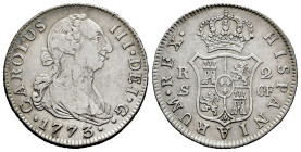 Charles III (1759-1788). 2 reales. 1773. Sevilla. CF. (Cal-781). Ag. 5,74 g. First-year bust. Small planchet flaws on obverse. VF. Est...50,00. 

Sp...