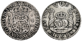Charles III (1759-1788). 4 reales. 1769. Potosí. JR. (Cal-925). Ag. 13,54 g. Straight 9. Pellet above the monograms on the mintmark. Hole skillfully r...