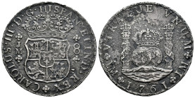 Charles III (1759-1788). 8 reales. 1761. Lima. JM. (Cal-1020). Ag. 24,93 g. Rust. VF. Est...300,00. 

Spanish description: Carlos III (1759-1788). 8...