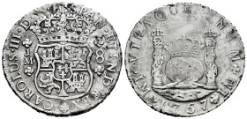Charles III (1759-1788). 8 reales. 1767. Lima. JM. (Cal-1027). Ag. 26,65 g. Pellet above the 1st LMA. Planchet flaws on reverse. Almost VF. Est...180,...
