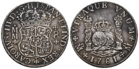 Charles III (1759-1788). 8 reales. 1761. Mexico. MM. (Cal-1075). Ag. 26,99 g. Cross between H and I. Beautiful patina. Choice VF. Est...400,00. 

Sp...