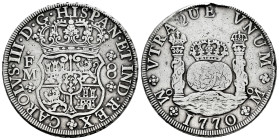 Charles III (1759-1788). 8 reales. 1770. Mexico. FM. (Cal-1101). Ag. 26,71 g. Repaired welding on edge. Almost VF. Est...180,00. 

Spanish descripti...