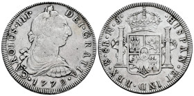 Charles III (1759-1788). 8 reales. 1772. Mexico. FM. (Cal-1105). Ag. 26,85 g. Inverted mintmark and assayers. Scarce. Ex Aureo&Calicó 297 (18/10/2017)...