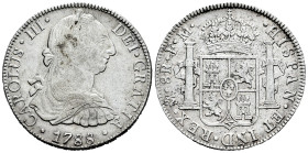 Charles III (1759-1788). 8 reales. 1788. Mexico. FM. (Cal-1132). Ag. 26,71 g. Light stain on obverse. Choice VF. Est...250,00. 

Spanish description...