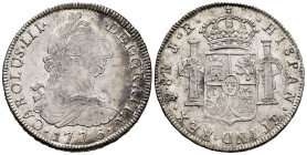 Charles III (1759-1788). 8 reales. 1776. Potosí. JR. (Cal-1172). Ag. 27,12 g. Very scarce. Choice VF. Est...250,00. 

Spanish description: Carlos II...
