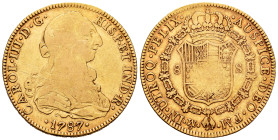 Charles III (1759-1788). 8 escudos. 1787. Mexico. FM. (Cal-2022). (Cal onza-786). Au. 26,84 g. Inverted mintmark and assayers. Weak strike. Choice F/A...