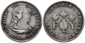 Charles IV (1788-1808). "Proclamation" medal. 1789. Granada. (H-40). (Vq-13100). Ag. 11,98 g. 35 mm. Cast silver. Ordinal IV. Rare. Choice VF. Est...2...