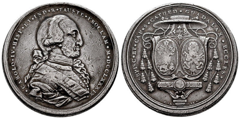 Charles IV (1788-1808). "Proclamation" medal. 1789. Guadalajara. (H-137). Ag. 32...