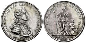Charles IV (1788-1808). "Proclamation" medal. 1789. Valencia. (H-107). (Vq-13158). Rev.: Spain standing with the royal banner resting on the coat of a...