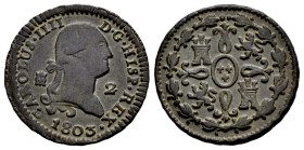Charles IV (1788-1808). 2 maravedis. 1803. Segovia. (Cal-38). Ae. 2,30 g. Choice VF. Est...30,00. 

Spanish description: Carlos IV (1788-1808). 2 ma...