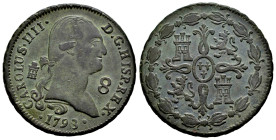 Charles IV (1788-1808). 8 maravedis. 1793. Segovia. (Cal-69). Ae. 11,77 g. Scratches on obverse. VF/Choice VF. Est...50,00. 

Spanish description: C...