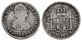 Charles IV (1788-1808). 1/2 real. 1807. Guatemala. M. (Cal-225). Ag. 1,60 g. Rare. Almost VF. Est...100,00. 

Spanish description: Carlos IV (1788-1...