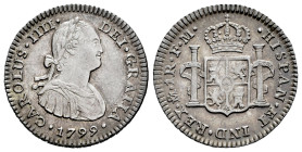 Charles IV (1788-1808). 1 real. 1799. Mexico. FM. (Cal-441). Ag. 3,35 g. Delicate patina. Lightly toned. Beautiful. Almost XF/Choice VF. Est...120,00....