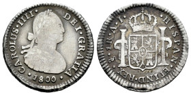 Charles IV (1788-1808). 1 real. 1800. Santiago. AJ. (Cal-519). Ag. 3,20 g. Scarce. F/Almost VF. Est...60,00. 

Spanish description: Carlos IV (1788-...
