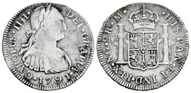 Charles IV (1788-1808). 2 reales. 1791. Guatemala. M. (Cal-548). Ag. 6,57 g. Cleaned. Rare. Choice F. Est...60,00. 

Spanish description: Carlos IV ...