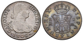Charles IV (1788-1808). 2 reales. 1806. Madrid. FA. (Cal-615). Ag. 6,06 g. Cleaned. VF. Est...40,00. 

Spanish description: Carlos IV (1788-1808). 2...