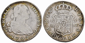 Charles IV (1788-1808). 4 reales. 1792. Madrid. MF. (Cal-778). Ag. 12,79 g. Flat edge. Choice F. Est...75,00. 

Spanish description: Carlos IV (1788...