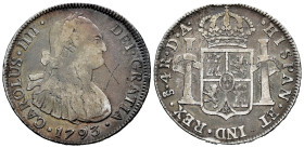 Charles IV (1788-1808). 4 reales. 1793. Santiago. DA. (Cal-855). Ag. 13,01 g. Graffiti on obverse. Rare. Choice F. Est...350,00. 

Spanish descripti...